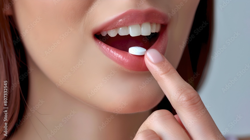 Fototapeta premium Close-up of a woman taking a white pill, healthcare and medicine concept. Cheerful smile showcasing daily supplement routine. Perfect for pharmacy advertising. AI