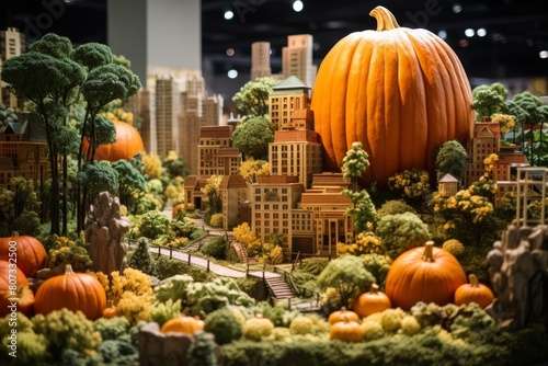 Autumn cityscape with pumpkins and foliage