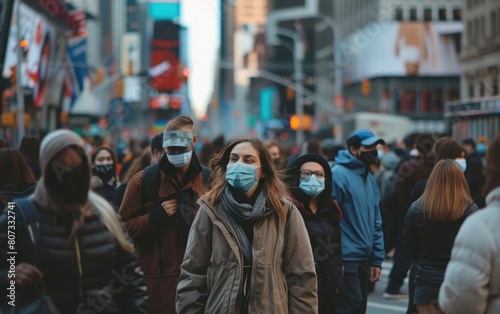 Crowded city street with people wearing masks.
