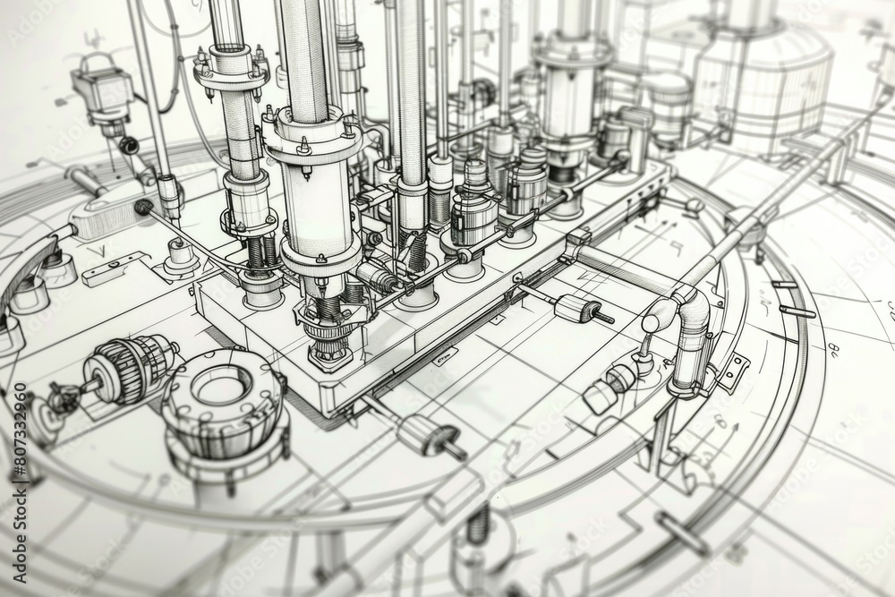 Detailed drawing of a factory with industrial pipes and valves. Ideal for engineering and manufacturing concepts Detailed drawing of a factory with industrial pipes and valves. Ideal for engineering and manufacturing concepts