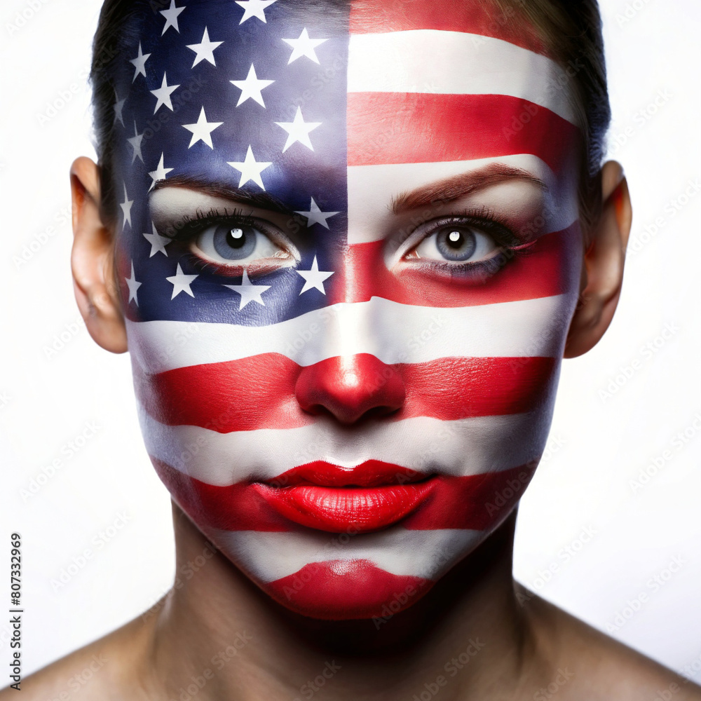 graphic of the USA flag on a woman's face