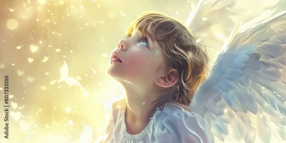 Innocent little girl with angel wings gazing upwards. Suitable for children's book illustrations