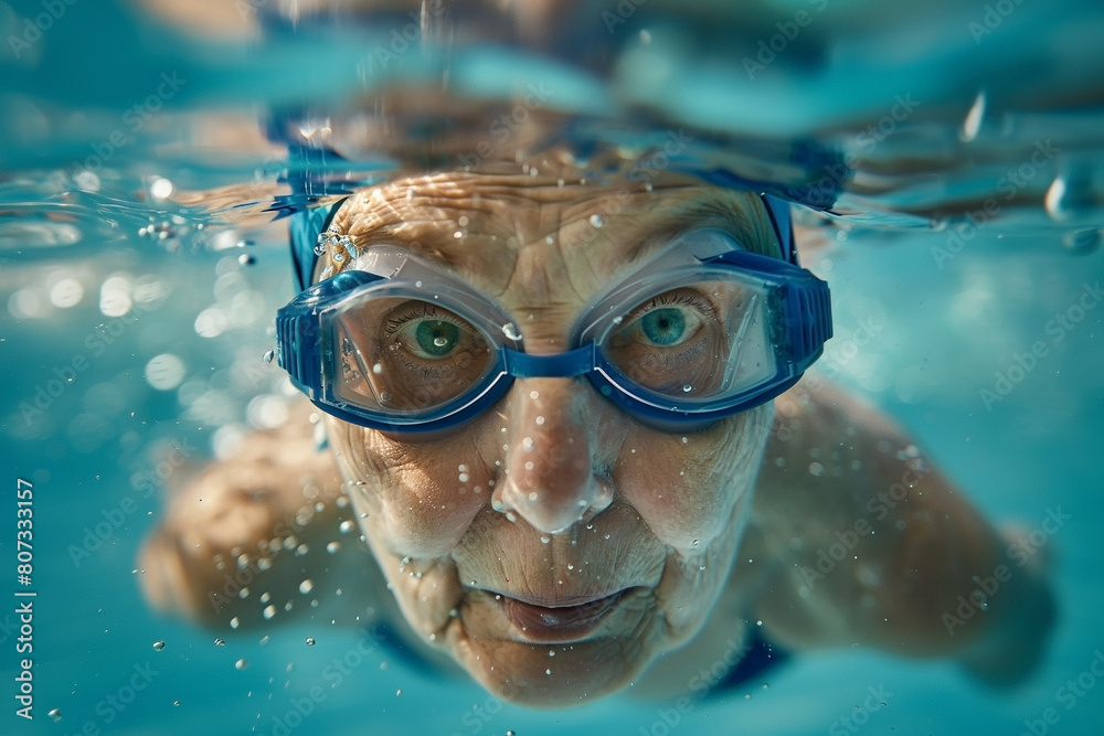 A woman in her seventies with goggles and a swimming cap under the water of a swimming pool. 
