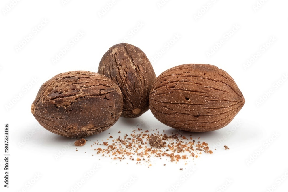 A simple composition of three walnuts and a nutcracker on a white surface. Suitable for food and nutrition concepts A simple composition of three walnuts and a nutcracker on a white surface. Suitable for food and nutrition concepts