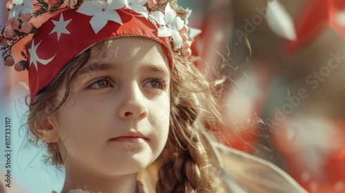 A young girl wearing a red and white crown, perfect for festive and celebratory designs