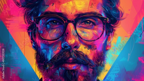 A hand-drawn hipster tattooed dude with a mustache on an abstract triangle background. Illustration in modern format. photo