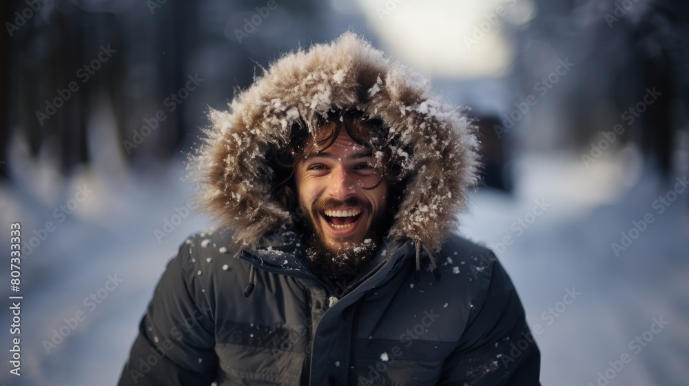 Joyful Man in Winter Park with Snow on His Fur Hood, Enjoying Cold Weather Joyful Man in Winter Park with Snow on His Fur Hood, Enjoying Cold Weather