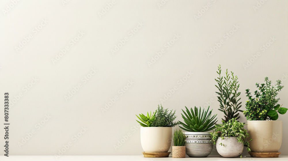 banner pots and planters on a light background, with an empty space for text on the side