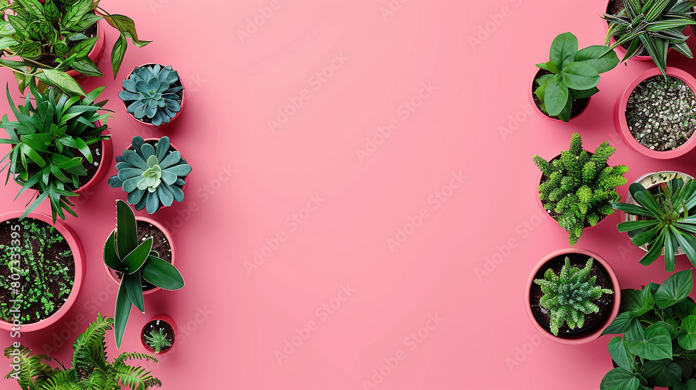 banner pots and planters on a pink background, with an empty space for text on the side banner pots and planters on a pink background, with an empty space for text on the side