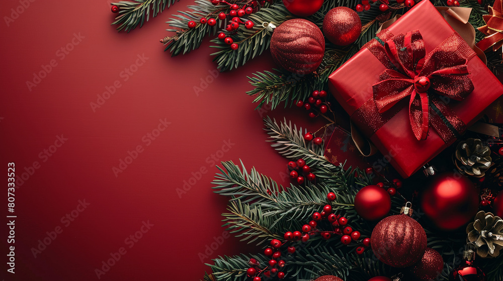 Boxing day sale with Christmas present and xmas decoration on red background