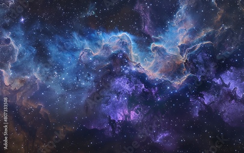 Dazzling cosmic expanse with clusters of purple and blue nebulas.