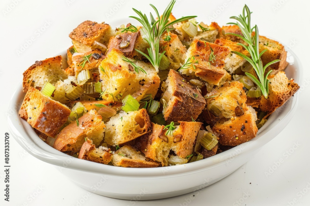 Fresh croutons and herbs in a white bowl, perfect for food blogs or recipe websites Fresh croutons and herbs in a white bowl, perfect for food blogs or recipe websites
