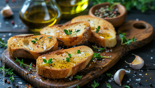 Composition with slices of toasted garlic bread, spices and oil on dark wooden background