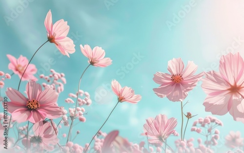 Delicate pink flowers swaying against a serene  blue gradient sky.