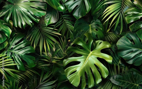 Dense tropical foliage with large green leaves and palm fronds.