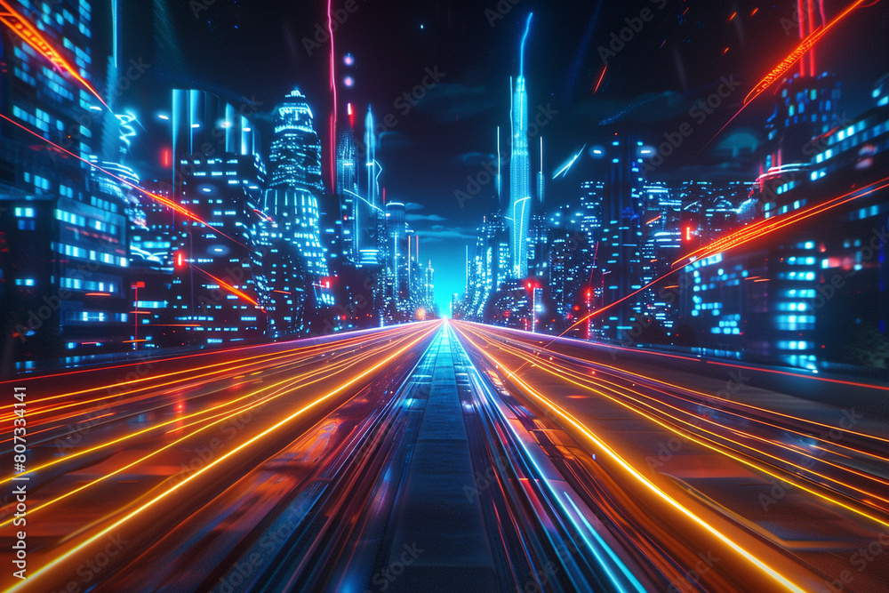 Futuristic speed neon light through the city