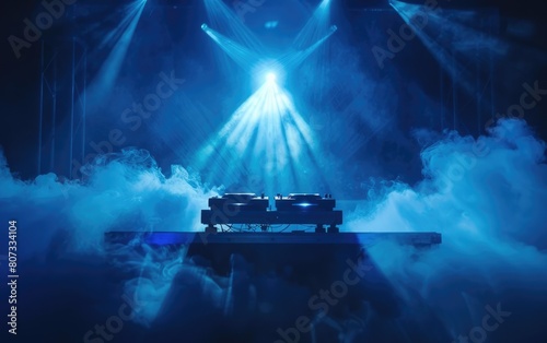 DJ setup illuminated under moody blue lights with swirling smoke.