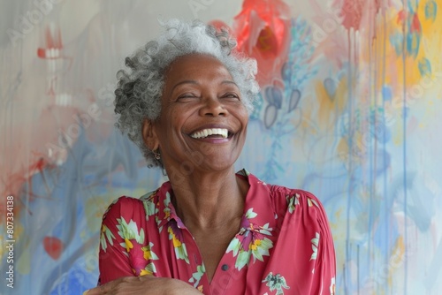 Elderly woman smiling in front of a painting, suitable for art galleries or interior design websites