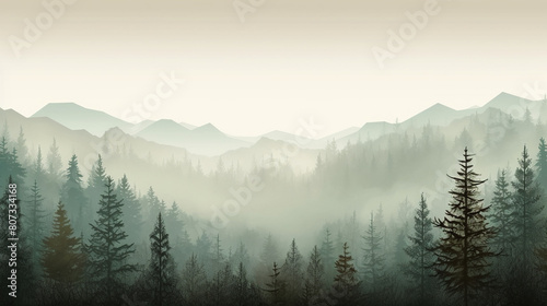 Misty landscape with fir forest in vintage retro style