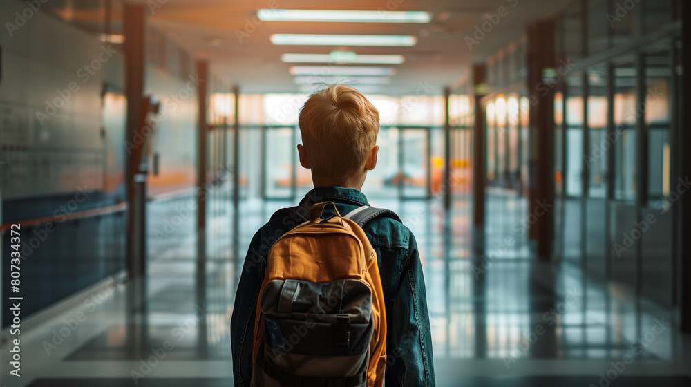 Schoolboy with Backpack in School Schoolboy with Backpack in School