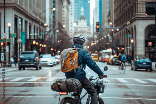 Delivery Person Biking Through Busy City Streets