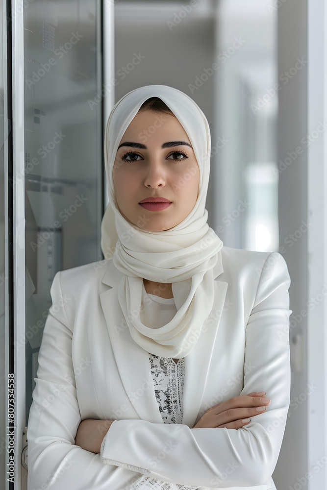 muslim business woman with headscarf, wearing white business attire, standing in front of glass door in white modern office space