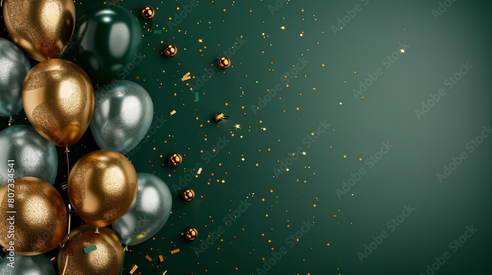 sliver and gold balloons with confetti on dark green background
