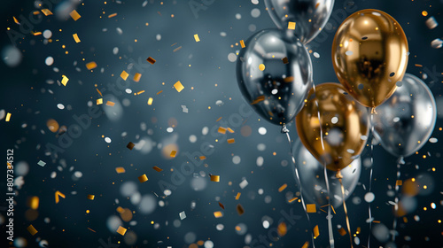 sliver and gold balloons with confetti on dark blue background