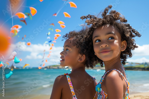 Smiling young kids looking at a sky filled with colorful kites, enjoying a sunny day at the beach, with clear blue water and beach in the background