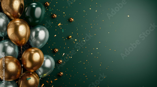 Obraz na płótnie sliver and gold balloons with confetti on dark green background w salonie
