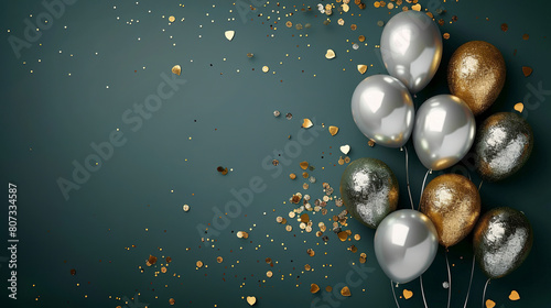 Wallpaper Mural sliver and gold balloons with confetti on dark green background Torontodigital.ca