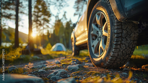 tires close up, A travel car parked, capturing the serene beauty and peacefulness found in nature during summer camping adventures