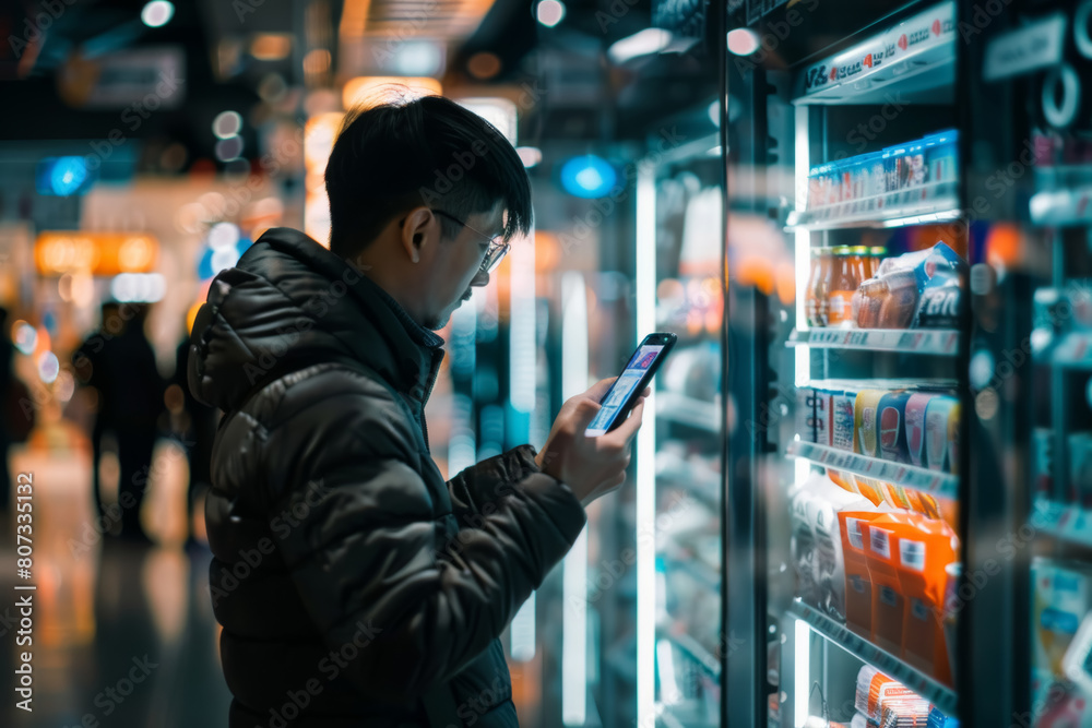 Young Woman Using Smartphone to Check Smart Fridge Stock in Grocery Store Young Woman Using Smartphone to Check Smart Fridge Stock in Grocery Store