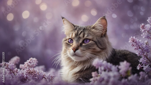 Dreamy Banner, Sleepy Cat Peeking Up on Ethereal Lilac Background