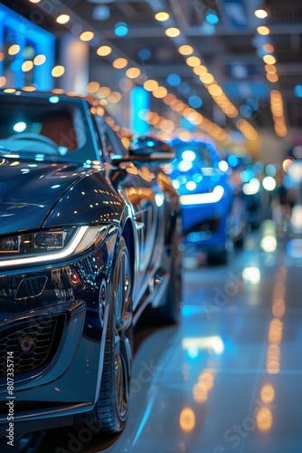 New cars display in luxury showroom with light bokeh in motor show event. © Adrin