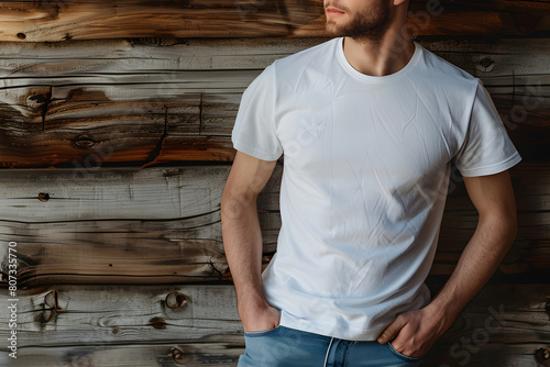 Young man wearing bella canvas white shirt mockup, at dark wooden wall background. Design tshirt template, print presentation mock-up. © AnaWein