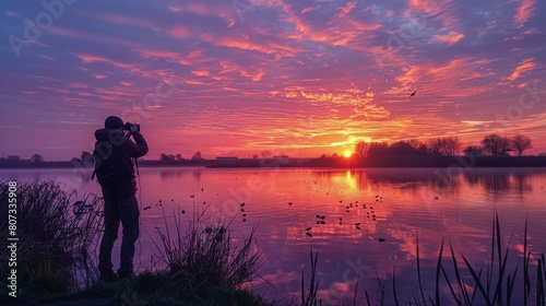 Man Standing by Water at Sunset