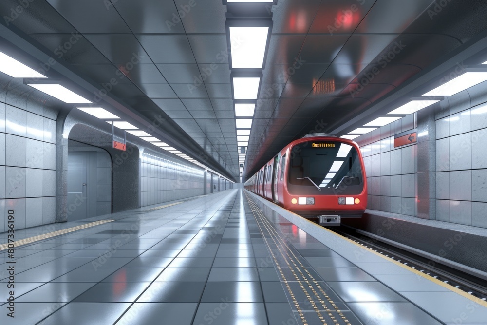 A red train traveling through a subway station. Suitable for transportation themes