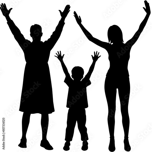 Family with hands up vector silhouette 