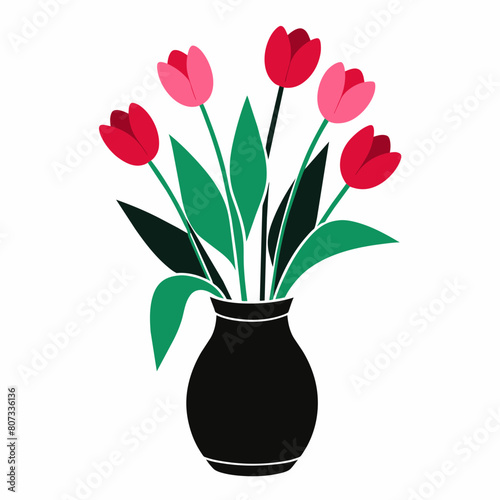 Tulips on the vase vector silhouette on white background