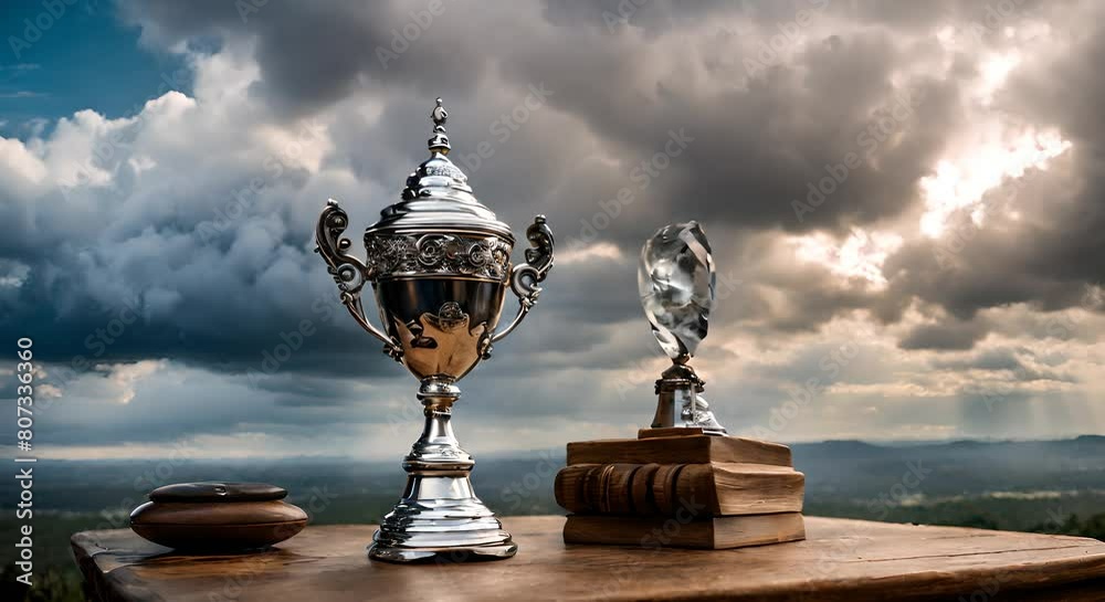A blue smokey cloud surrounds a silver trophy The trophy is placed on a wooden surface Scene is mysterious and dramatic video A blue smokey cloud surrounds a silver trophy The trophy is placed on a wooden surface Scene is mysterious and dramatic video