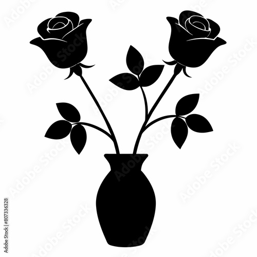 Rose's on the vase vector silhouette on white background        