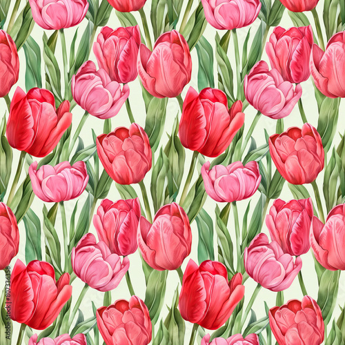 watercolor illustrations of red and pink tulips against a white background  seamless watercolor art  pattern