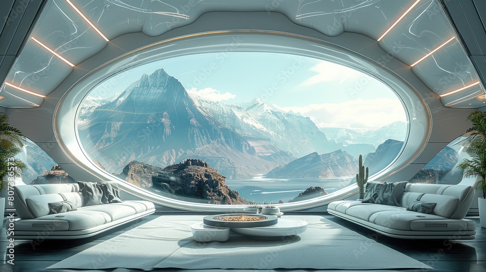 Naklejka premium Futuristic interior with large windows, view of beautiful scene in the distance, futuristic lounge area with couches and coffee table, blue green grey color scheme. Generative AI.