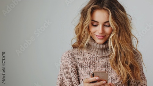 Woman in Sweater Looking at Cell Phone