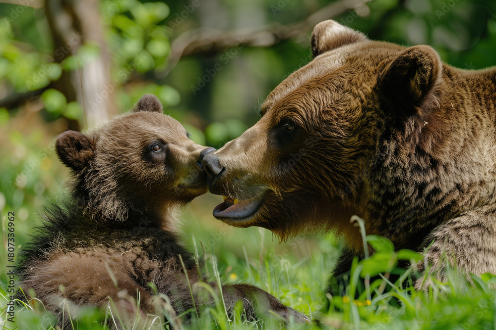 Obraz premium brown bear with a cub happy in the forest, happy moment wildlife animal.