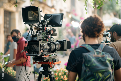 Professional Film Crew Capturing Outdoor Scene in Urban Setting