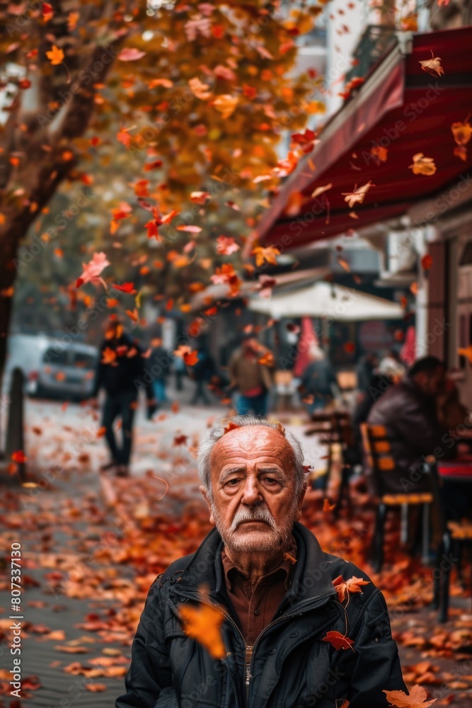 A man sitting on a bench in the middle of the street. Suitable for urban lifestyle concepts