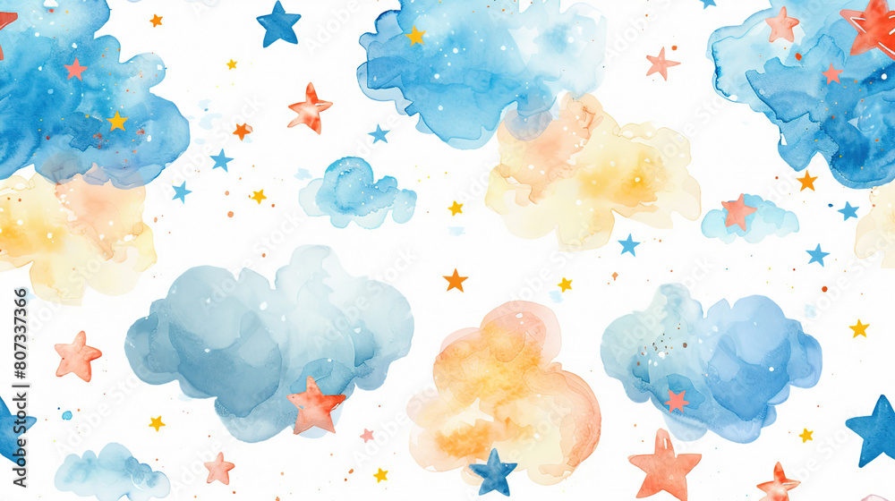 Seamless pattern with clouds and stars for a children's room in pastel ...