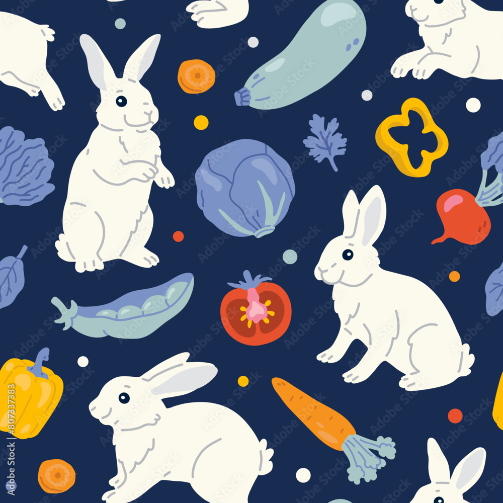 Fototapeta premium Vector seamless background pattern with bunnies and vegetables for surface pattern design 